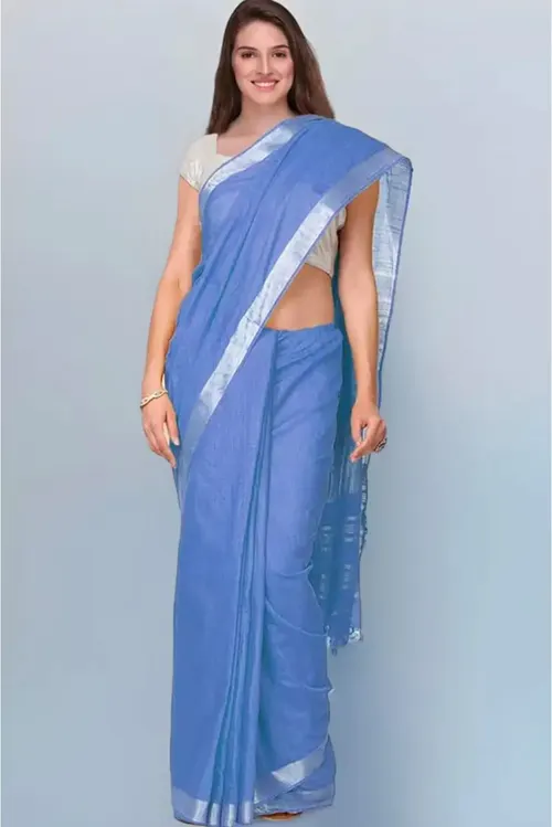 Sky Blue Plain Cotton Saree with Silver Zari Border